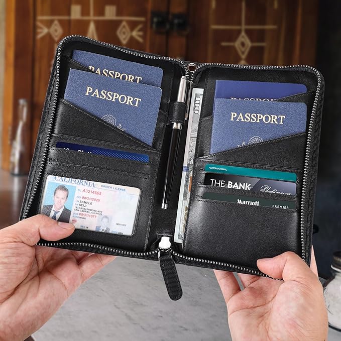 Polare Full Grain Leather Passport Holder Cover Case for Men and Women RFID Blocking Family Travel Wallet Holds 6 Passports (Carbon Black)