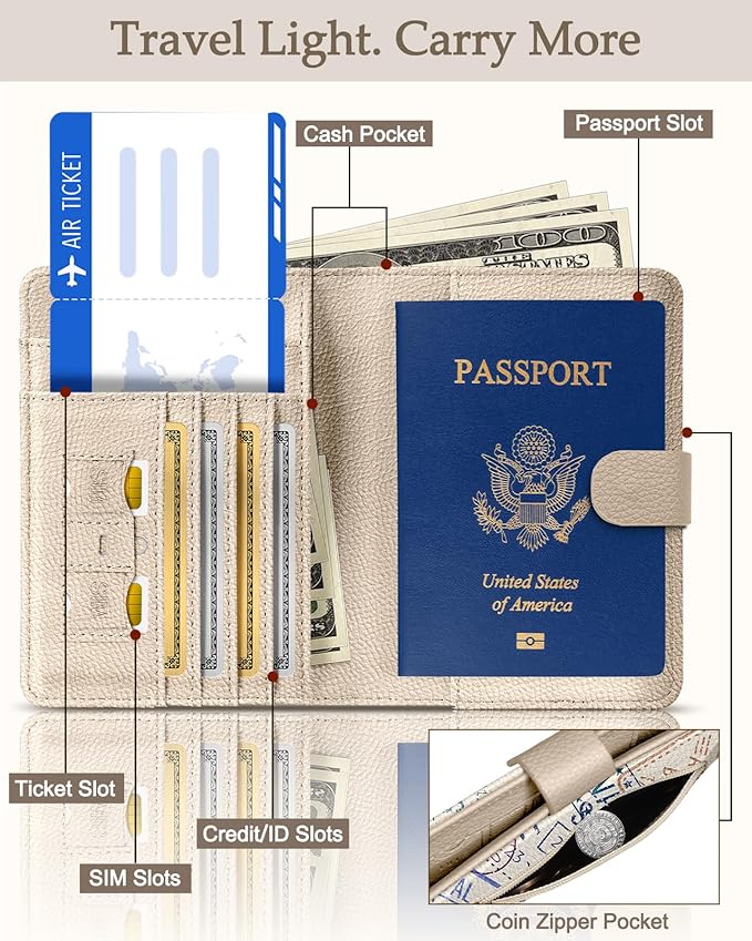 Slohif Airtag Passport Holder Cover Wallet Case for Travel Women - Leather RFID Blocking Passport Book Multiple Personalized Organizer Slim Portable Carrier Card Slots Protector Sleeve Stamp