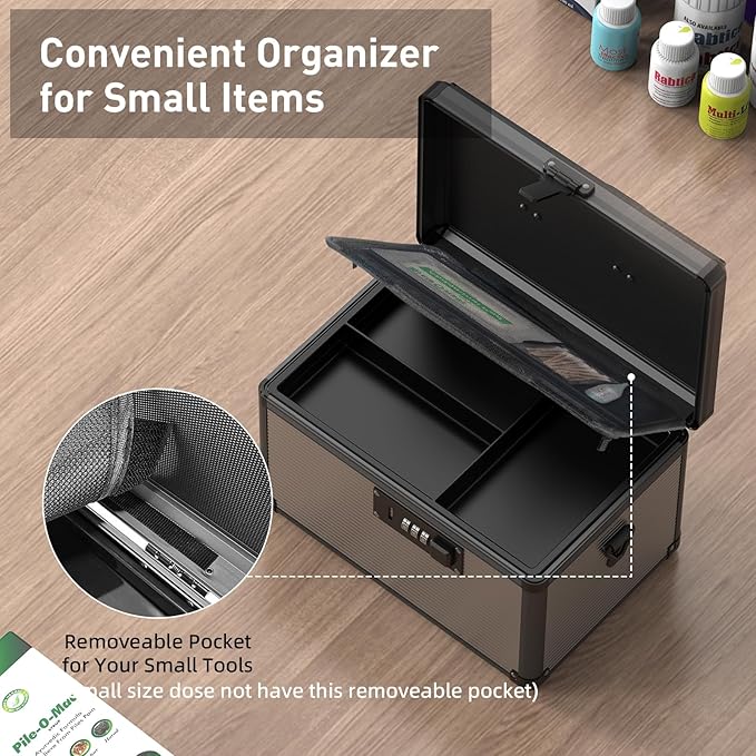 Lockbako Medicine Lock Box with Code, Locking Medicine Box with Removable Tray & Pocket Bag, Portable First Aid Box for Home, 12 * 7.7 * 7.9 Inch (Black)