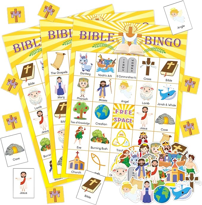 30 Players Bible Bingo Game for Kids Adult Vacation Bible School Christian Sunday Church Game Bible Activities Easter Gift Family Open Day Supplies