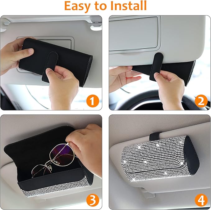 Accmor Bling Sunglasses Holder for Car Sun Visor 2 Pack, Vehicle PU Leather Glasses Storage Case Eyeglasses Organizer Protective Box Sparkling Crystal Car Accessories for Truck, SUV, RV (White)