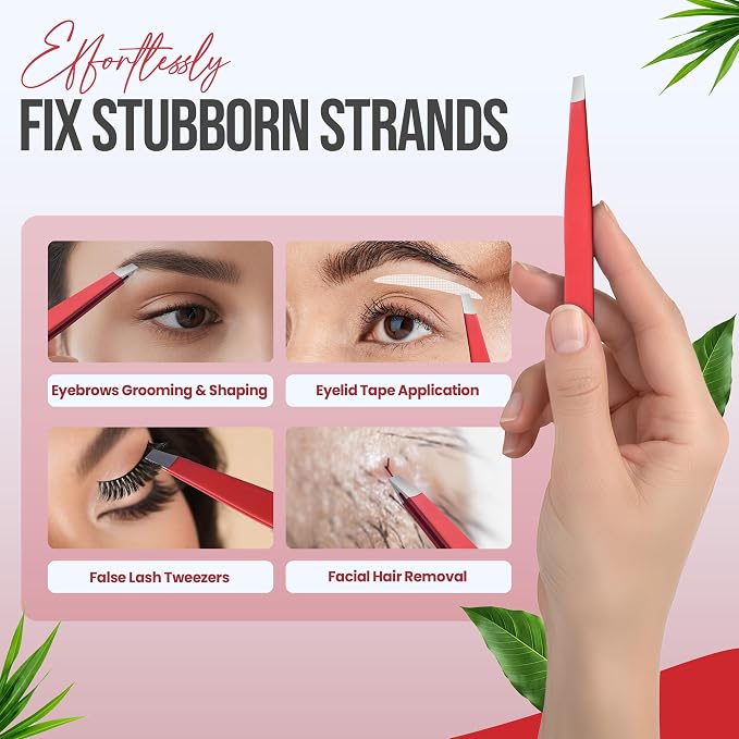Professional Slant Tip Tweezers - Precision Stainless Steel Eyebrow Plucking Tool for Women and Men, Ingrown Hair Remover, Facial Hair Tweezers for Grooming (Neon Coral)