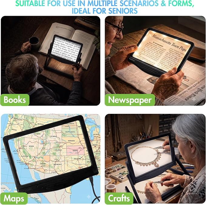 MAGNIPROS 5X Rechargeable LED Page Magnifier with Foldable Stand, Hands-Free Lighted Magnifier with 3 Color Modes, Anti-Glare Lens for Reading Small Print, Low Vision, Seniors, Crafts