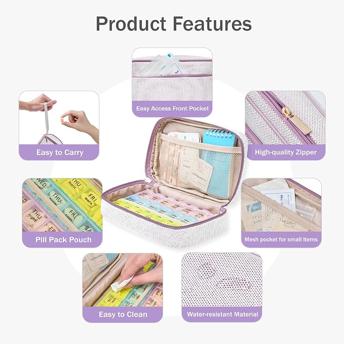 Weekly Travel Pill Organizer 2 Times A Day Pill Case for Purse with Removable AM PM 7 Day Pill Box Holder,Cute Medication Organizer Pill Container for Medicine, Vitamin, Supplement (Purple, Medium)