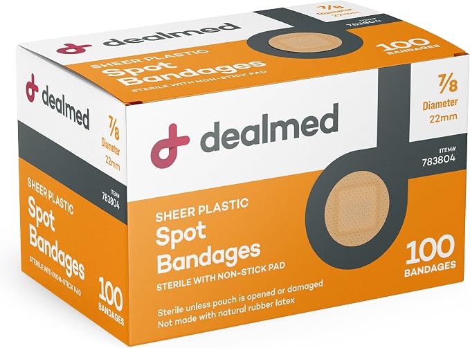 Dealmed Sheer Plastic Spot Bandages – 7/8” Small Round Sterile Strips, Adhesive Outer with Non-Stick Pad, Latex Free, Wound Care for First Aid Kit, 100 per Box (1 Pack)
