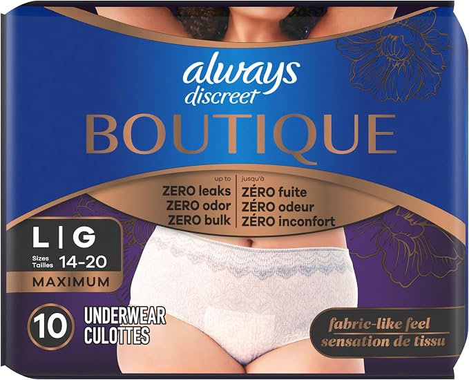 Always Discreet Boutique Incontinence and Postpartum Underwear for Women, Maximum Protection, Large, Rosy, 10 Count
