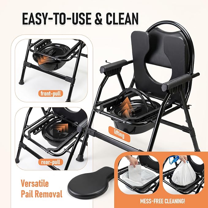4-in-1 Folding Bedside Commode Chair with Seat Cover, Tool-Free Assembly Portable Toilet for Adults, Adjustable Height Bedside Commode for Seniors with Handles, 330lbs Support (Black)