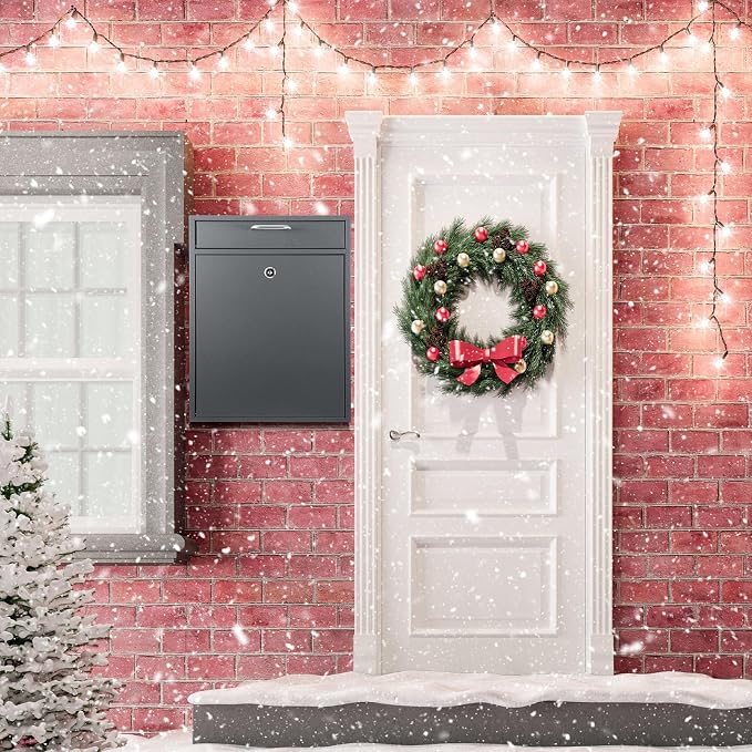 Yaocom Locking Mailbox with Key for Outdoor 18 x 15 x 7 Inches Large Wall Mount Mail Box with Lock Security Mail Drop Metal Collection Boxes Hanging Secure Postbox(Dark Gray)
