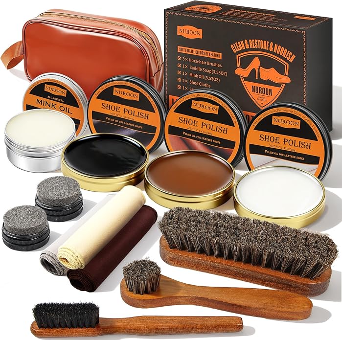 13Pcs Shoe Care Kit for Men & Women,3 Horsehair Shoe Polish Brush,Black Brown Neutral Mink Oil for Shoes,Care for Leather Boots, Shoe Cleaning Kit as Gift for Men with Shine Sponges & Care Cloth | 1.4oz Black Brown White Shoes Wax, 1.7oz Mink Oil, Hors...