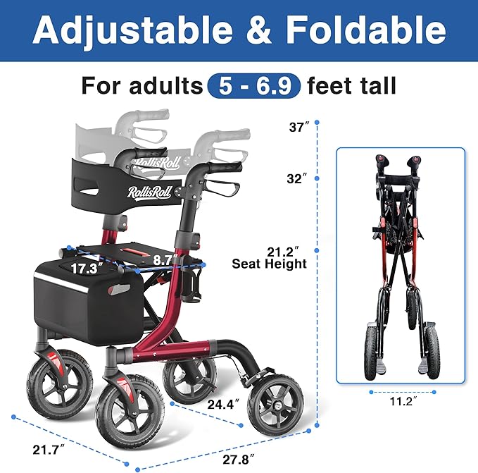 Walkers for Seniors with Seat, Foldable Rollator Walker, Reinforced Aluminum Frame, 10" Big Rubber Wheels for All Terrain, Built-in Cable, Lightweight Rolling Walker, Burgundy