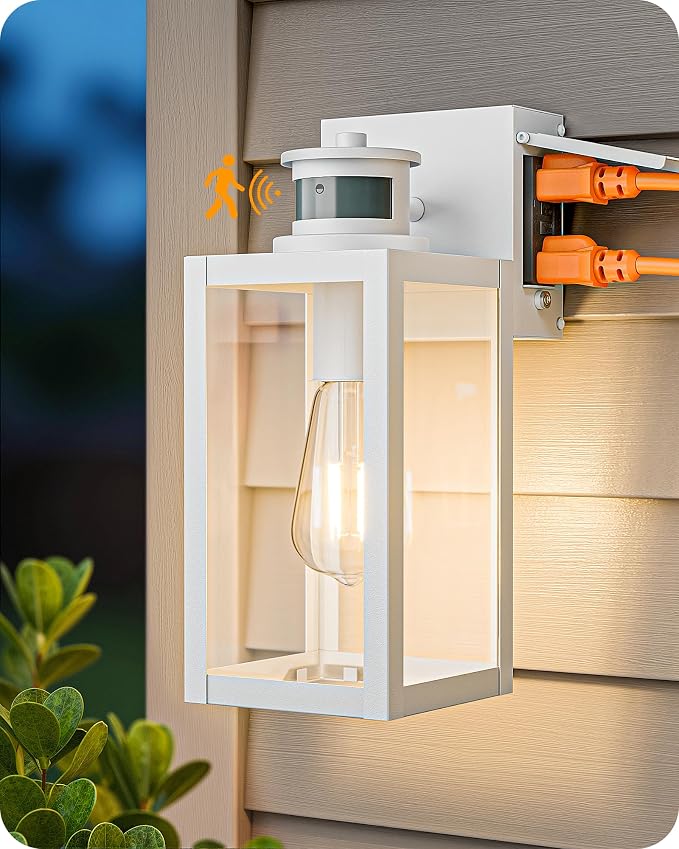 EDISHINE Motion Sensor Dusk to Dawn White Outdoor Porch Light with Outlet | 12"H, GFCI, 3 Modes, Clear Glass, Dimmable, E26 Base, Waterproof Outdoor Wall Light for Front Door, Garage, Patio, White