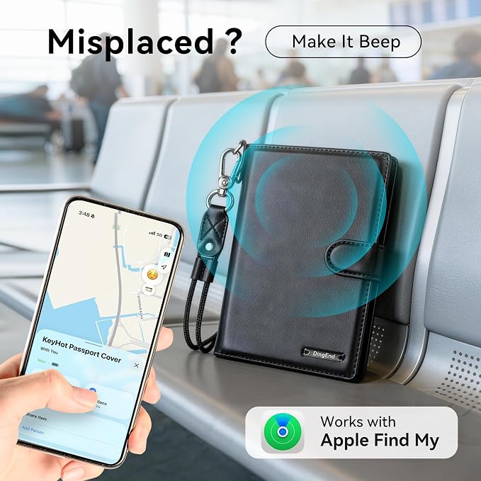 Trackable Passport Holder for Travel, RFID Blocking Wallet, Black | Rechargeable PU leather cover works with Apple Find My and is Apple MFi certified; it includes card storage and a lanyard.