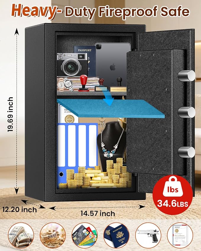 [2026 Upgraded] -35 Min Real Fireproof Safe-3.6 Cu Ft Large Safe for Home Use, Security Safe Box with Smart Alarm System, Wall & Floor Mount Anti-Theft Safe for Money Legal Documents Valuables Jewelry