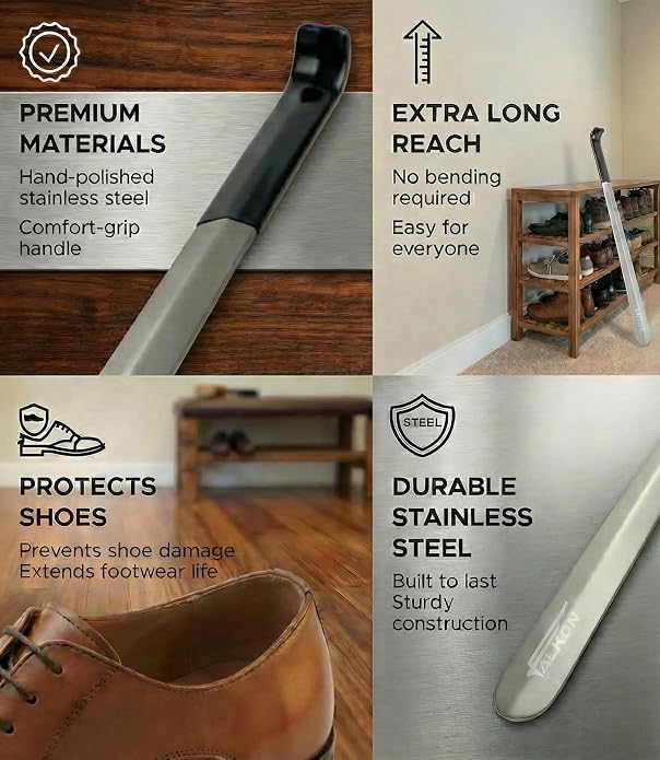 FALKON Shoe Horn Long Handle- Metal Shoe Horn Sets for Men, Women and Children, TSA Friendly