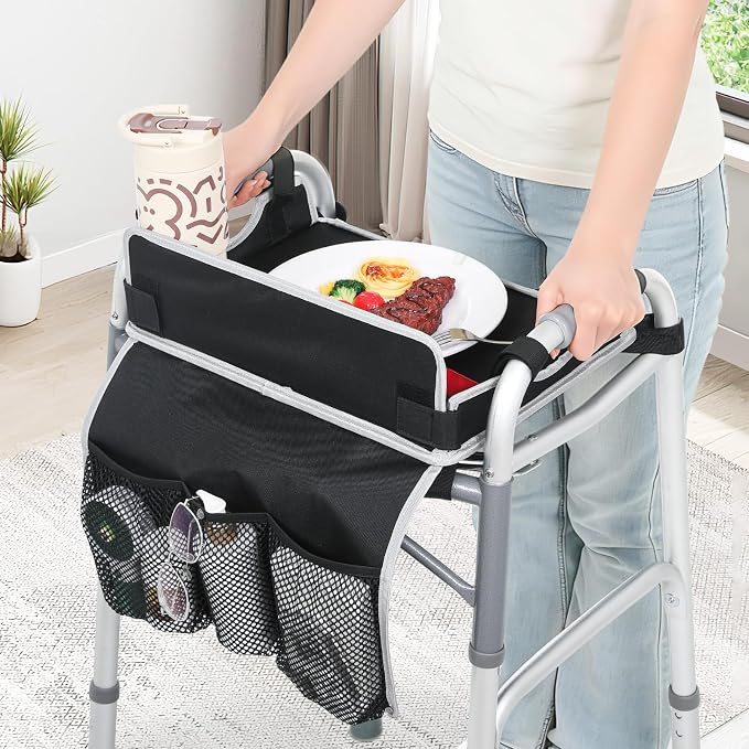 JFMkaer Walker Tray with Cup Holder – Folding Walker with Pockets & Non Slip Mat for Food,Mobility Trays Fits Most Standard Folding Walkers,Walker Accessories for Elderly