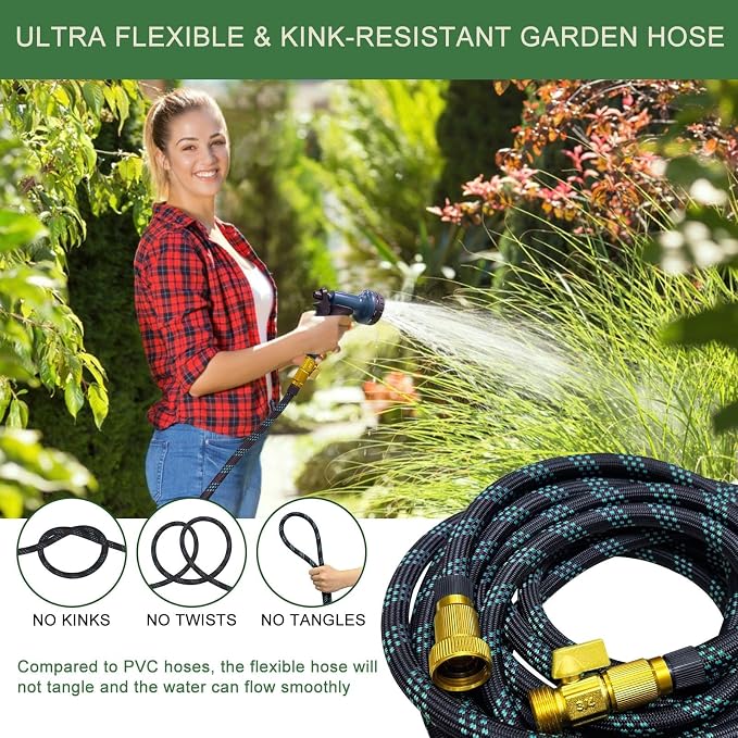 Garden Hose Non-Expandable 75 ft, Lightweight Flexible Water Hose with 10 Function Spray Nozzle, Outdoor Leak Proof, Kink-Free, Portable Hose for Yard, Lawn, Camper, High-Density Fabric, Black Blue
