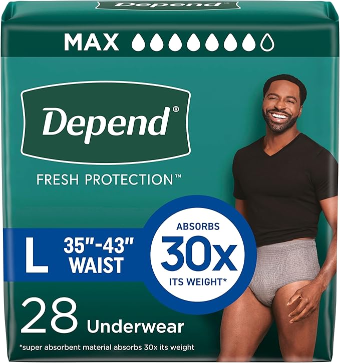Depend Fresh Protection Adult Diapers, Incontinence Underwear for Men, Disposable, Maximum, Large, Grey, 28 Count, Packaging May Vary