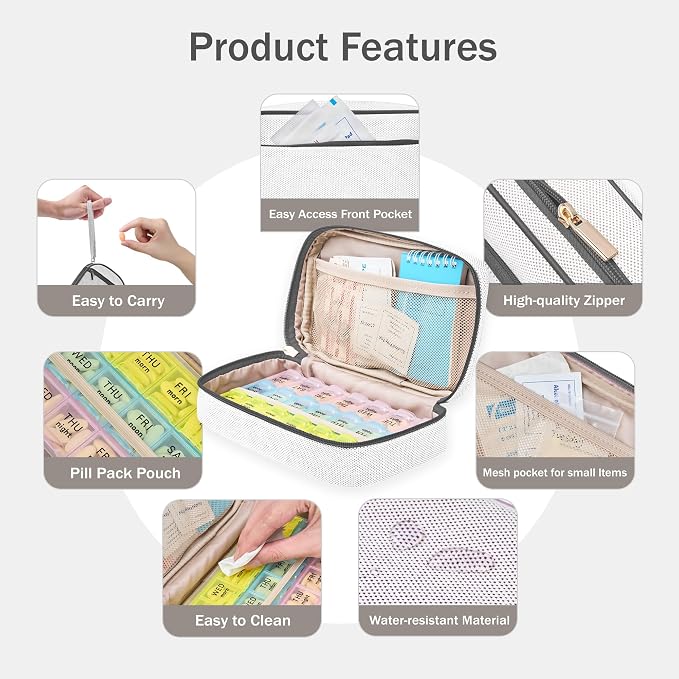 Weekly Travel Pill Organizer Pill Case for Purse with Removable 7 Day Pill Box Holder,Cute Medication Organizer Pill Container for Medicine, Vitamin, Fish Oils,Supplement (Dark Grey, Small)