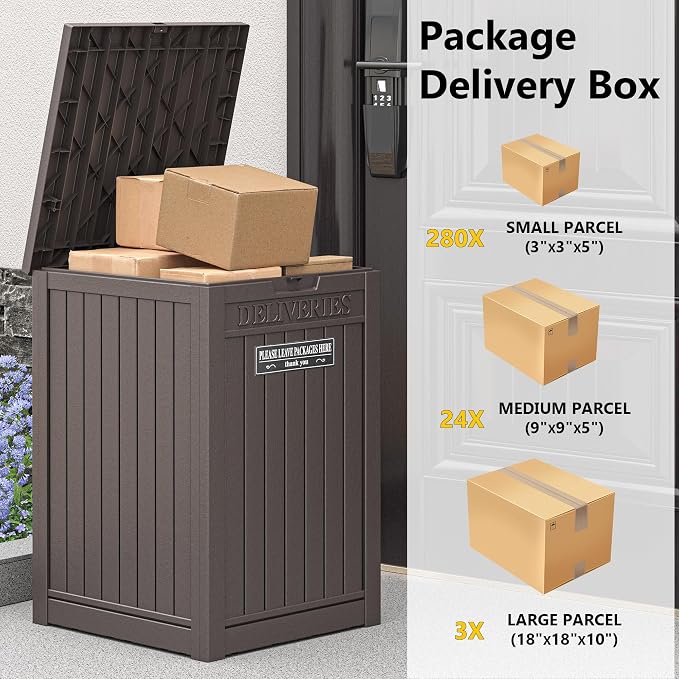 Package Delivery Box for Outside with Sticker, 48 Gallon Storage with Lockable Secure, Large Double Wall Resin Outdoor Package Delivery Waterproof Deck