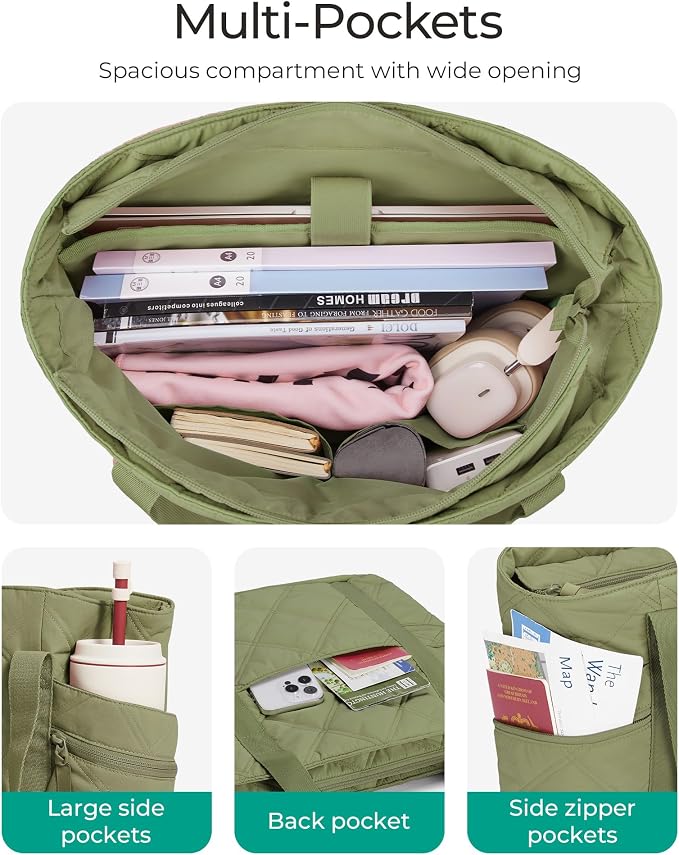 BAGSMART Crush Tote Bag for Women, 20L Puffer Work Tote with Zipper | Quilted Nurse Hospital Bag For Travel College Gym