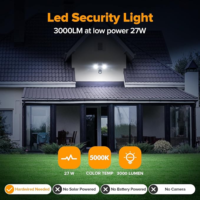 UME 2 Pack LED Security Light Motion Sensor Outdoor Lights, 27W 3500LM, 5000K, IP65 Waterproof, Dusk to Dawn, 2 Head Motion Detector Flood Light for Outside, Garage, Yard (Black)
