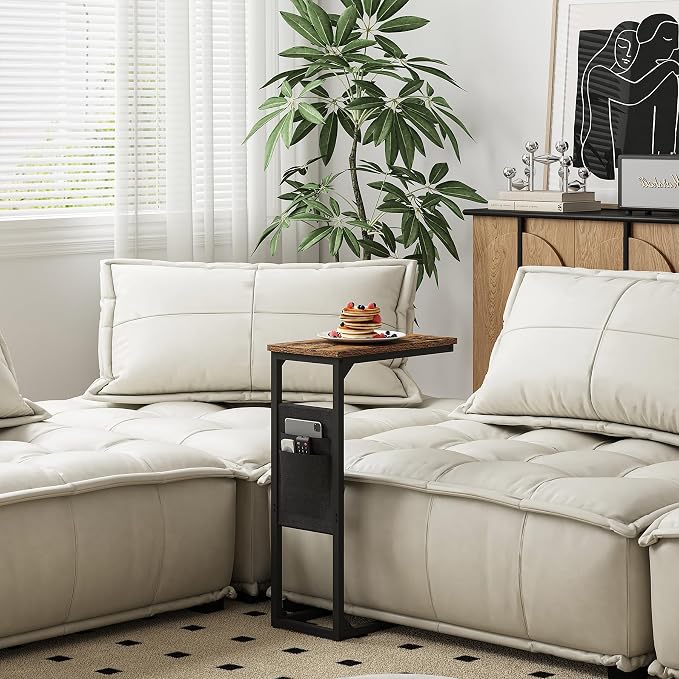 TUTOTAK C Shaped End Table, Side Table for Couch, Sofa Table | with Storage Bag, TV Tray for Living Room, Bedroom, Brown TB01BB082