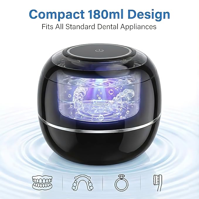 Ultrasonic Retainer Cleaner Machine, Black, 42KHZ Dental Cleaning Pod For Denture, Toothbrush Heads,Jewelry, Braces, Digital Timer with 2 Modes, 180ML,304 stainless steel inner liner