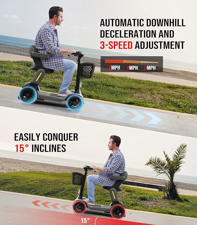 S3 Folding Mobility Scooter for Seniors & Adults – 4-Wheel All-Terrain Electric Scooter, 25 Mile Range, 6 MPH, 265 lb Capacity, Reverse, LED Lights & Basket – Gray