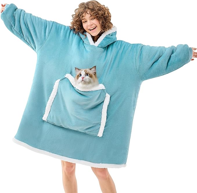 JOYWOO Turquoise Teal Wearable Blanket Hoodie, Oversized Cat Lovers Sweatshirt Blanket for Adult & Teens, Birthday Gifts for Women Men Mom Girl Boys,Cozy Sherpa Fuzzy Blanket Giant Pocket Gifts，Small