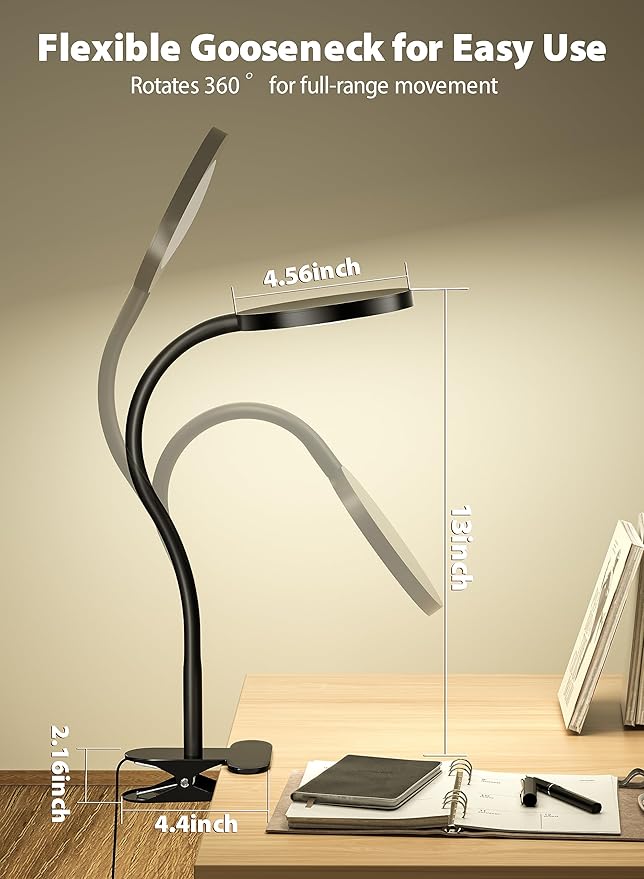 Clip on Light Infinite Dimmable Reading Lights for Books in Bed Headboard, 450LM Touch Control Clip Reading Lamp, Eye Care 3 Color Temperature Flexible Head Rotation for Bedside Night Light Black