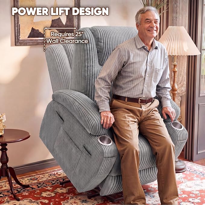 Flamaker Power Lift Recliner Chair Electric Lift Recliner for Elderly | Power Lift Recliner Chair with Cup Holders Side Pockets for Living Room (Corduroy, Dark Gray)