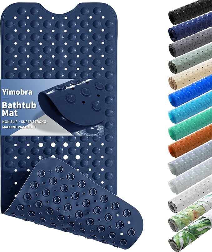 Yimobra Non Slip Bathtub Mat 40 x 16 Inch, Extra Long Shower Mat with Drain Holes, Machine Washable Baby Bath Mats, Strong Suction Cups for Bathroom Floor, Navy Blue