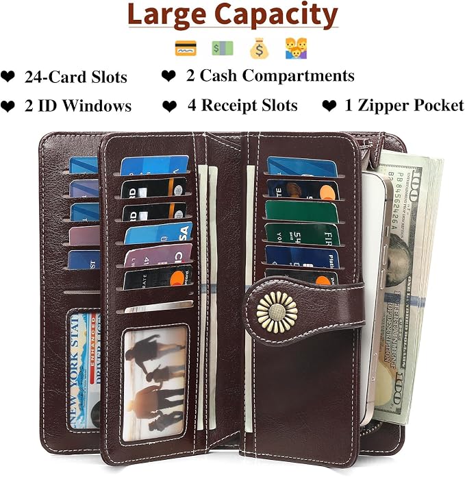 SENDEFN Wallets for Women Leather Credit Card Holder with RFID Blocking Large Capacity Wristlet | with RFID Blocking