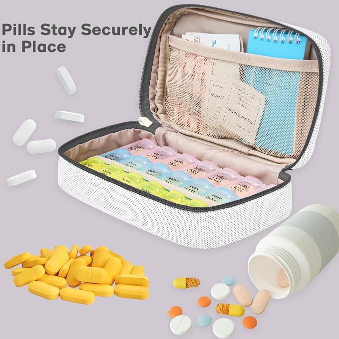 Weekly Travel Pill Organizer 2 Times A Day Pill Case for Purse with Removable AM PM 7 Day Pill Box Holder,Cute Medication Organizer Pill Container for Medicine, Vitamin, Supplement (Dark Grey, Medium)