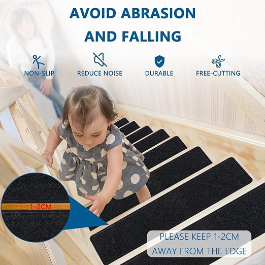 Stair Treads for Wooden Steps Indoor, 7 Pack 8" X 30" Non Slip Carpet Stair Treads with Reusable Adhesive for Elders and Dogs, Surface Polyester TPR Backing Stair Rugs,Black