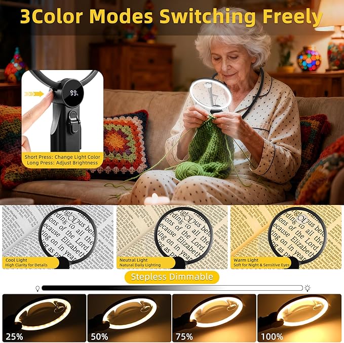 Hands Free Magnifying Glass with Light for Close Work, 5.5 Inch 5X 10X Multi-Functional Lighted, Neck Wear Magnifier for Reading Books, Sewing, Handmade, Low Vision Seniors (Black)