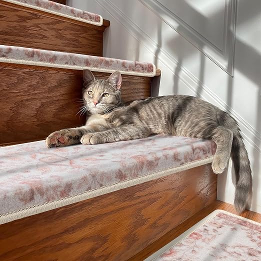 RORA Bullnose Stair Treads for Wooden Steps, Non Slip Stair Carpet 14pcs | Washable, Self-Adhesive, Floral Stair Rug Runner with Edge Protection for Indoor, Pets & Elder, 29.5 x 9.5x 1.7, Pink