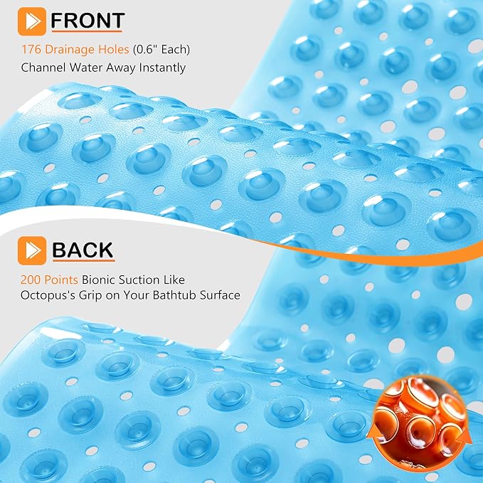 Yimobra Non Slip Bathtub Mat 40 x 16 Inch, Extra Long Shower Mat with Drain Holes, Machine Washable Baby Bath Mats, Strong Suction Cups for Bathroom Floor, Clear Blue