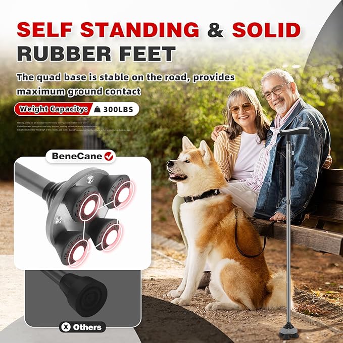 BeneCane Walking Cane for Men & Women Walking Stick for Seniors Folding Canes Quad Cane Adjustable Lightweight Sturdy Collapsible Heavy Duty with Soft TPR T-Handle and Travel Bag