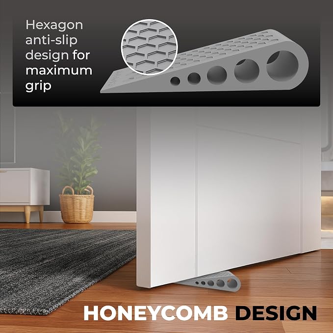 Door Stoppers for Bottom of Door Premium Floor Rubber Door Stop Wedge Made in USA Heavy Duty Honeycomb Design for Carpet, Tile, Ideal for Home, School, Commercial,Gray 4 Pack