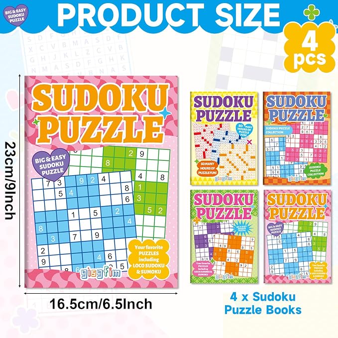 4 Pack Large Sudoku Puzzle Books for Adults Aging Seniors 6.5x9 Inches Word Find Puzzle Books with Large Print Words Activity Book Variety Themes Brain Stimulation Games and Stress Relief