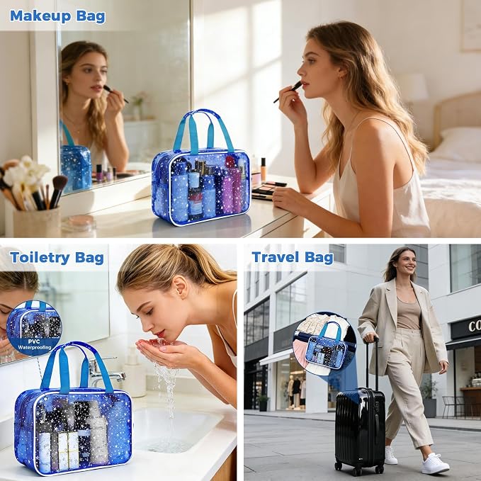 Clear Deep Blue Star Large Makeup Bag with Star Pattern (12x5x8 inches), Travel Cosmetic Bag with Handle, Durable PVC Material, Zipper Opening Design—Ideal for Makeup Travel Organization or Gym Use