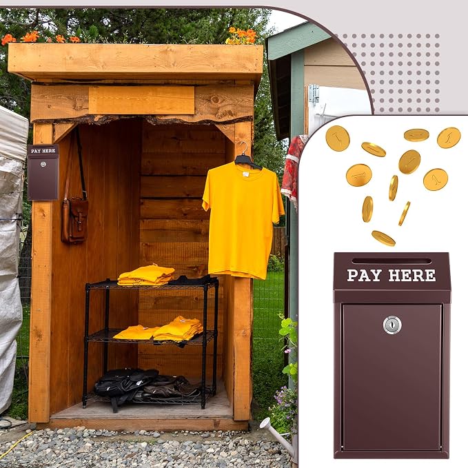 Yaocom Safe Metal Cash Box for Farm Stand – Money Drop and Secure Donation Collection, Wall Mount Lockable Unit with Pre Drilled Holes for Outdoor Self Serve(Brown,10.2 x 5.7 x 2.8 Inch)