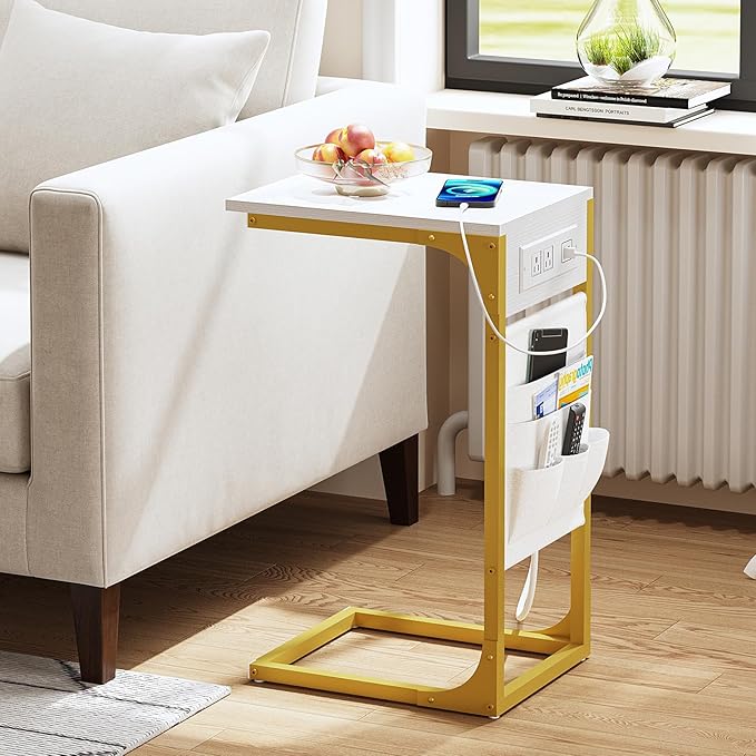 TUTOTAK C Shaped End Table with Charging Station, Side Table for Sofa | Couch Table with Storage Bag, TV Tray with 2 USB Ports and Outlets, Set of 2, Living Room and Bedroom, TB01BWG0242