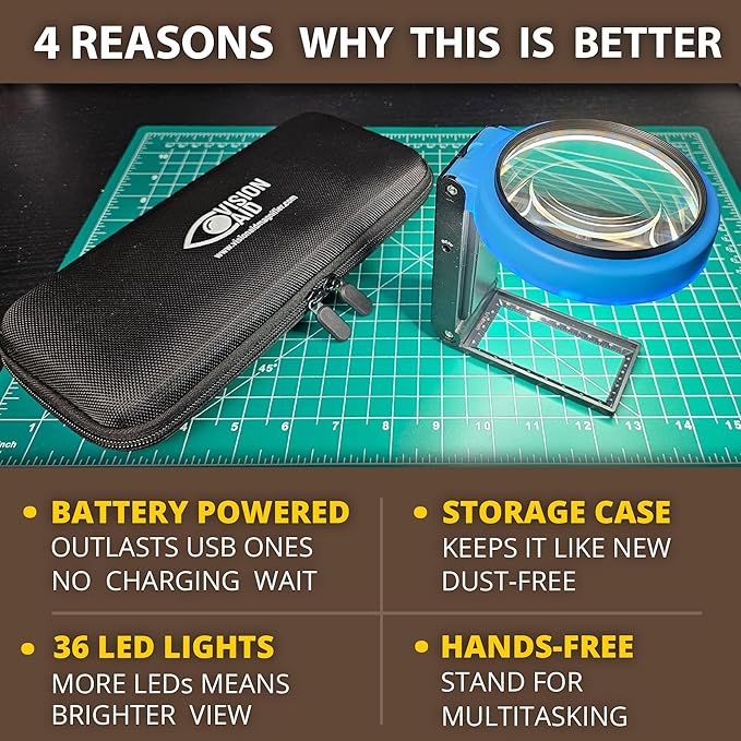 Vision Aid 30x Hands-Free Magnifier with Ultra Bright 36 LED Lights and Case - 40x Loupe Magnifying Glass with Stand for Reading Jewelry Coins Watch Hobby Crafts Close Work