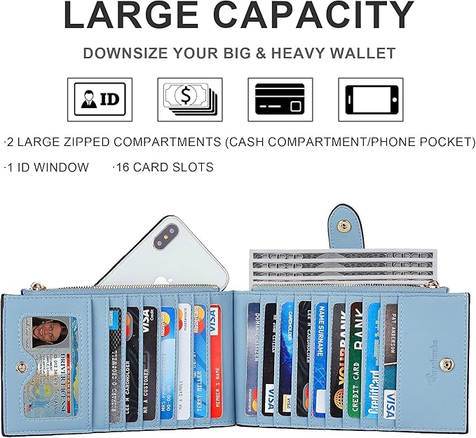 Travelambo Womens Leather Bifold Wallet, Slim RFID Blocking Card Holder | Large Capacity, 16 Card Slots & ID Window, 2 Zipper Pockets, Dual Snap Closure, Slim Lightweight, RFID Privacy Protection