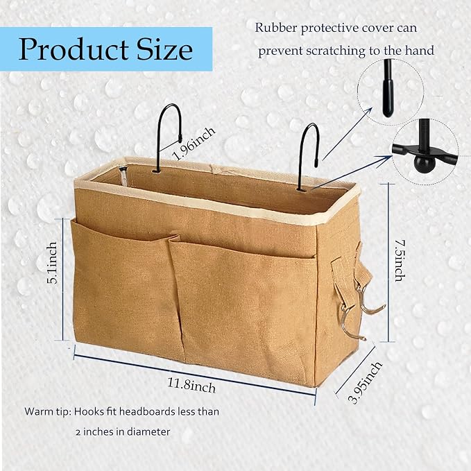 Bedside Caddy Bedside Hanging Storage Basket Multi-Function Organizer Caddy for Bunk and Hospital Beds Dorm Rooms Bed Rails, Can be Placed Glasses Books Mobile Phones（Dark khaki）
