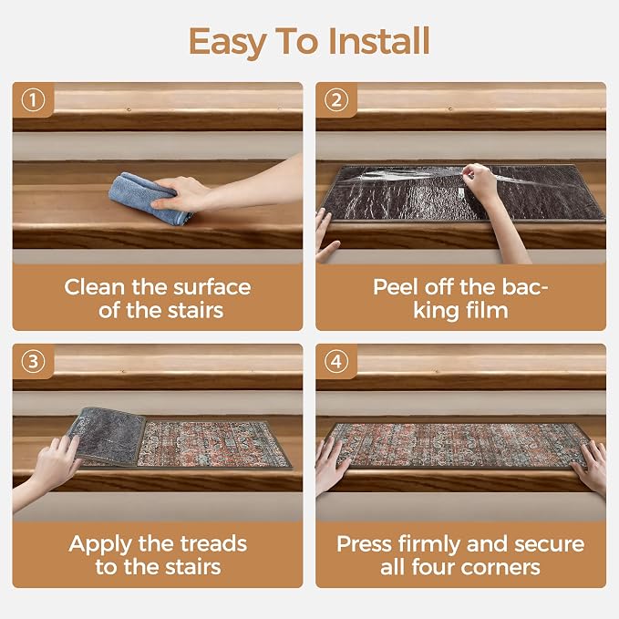 sarben 8"x30" Non Slip Stair Treads for Wooden Steps 15 Pack, Terracotta | Peel and Stick Carpet Stair Runner with TPE Adhesive Backing, Carpet for Added Safety, Pet and Senior Friendly
