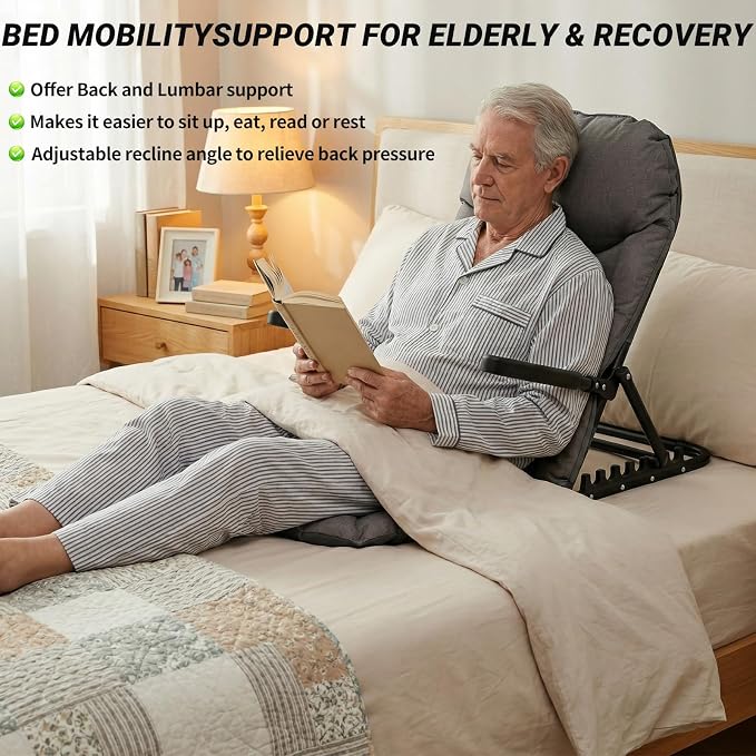 Adjustable Lifting Bed Backrest with Armrests, 7-Level Folding Sit Up Support, Portable Multifunctional Bed Chair with Pillow for Neck Head & Lumbar Support for Elderly Patients Reading Resting