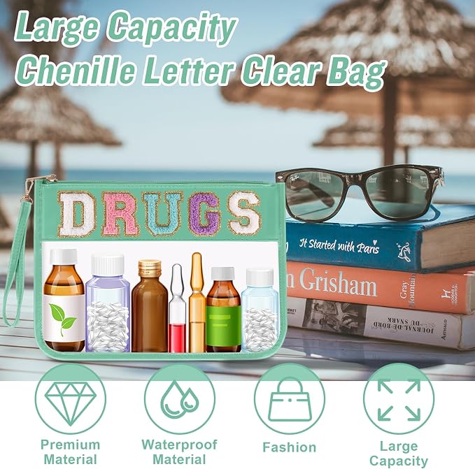 Iqimott Chenille Letter Patch Bag Clear MEDS Drugs Pouch, Preppy Portable Cosmetic Makeup Bag for Women Girls Travel, Waterproof Nylon Zipper Toiletry Medicine Storage Case Stadium Bag(Green, DRUGS)